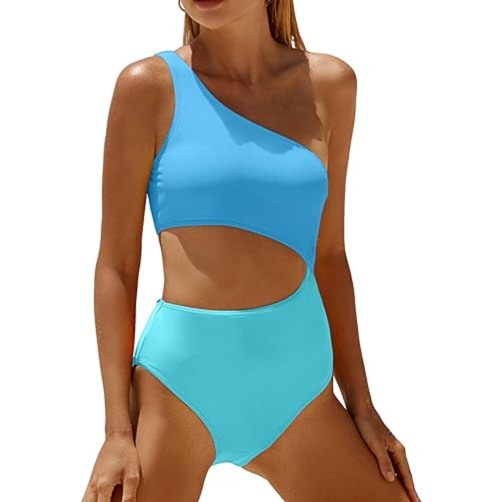 Yonique NWT One Piece Swimsuit One Shoulder Cutout Monokini Blue Turquoise sz L